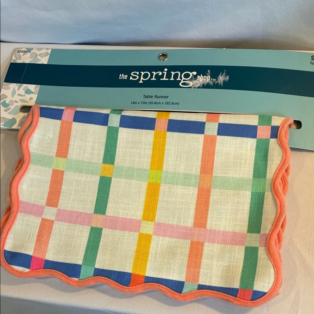 NEW The spring Shop Easter colorful white pastels plaid Table Runner 14” X 72”